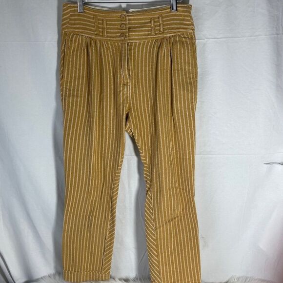 Free People Yellow High Waist Woven Striped Button Front Crop Pants Sz 2 - Picture 2 of 8
